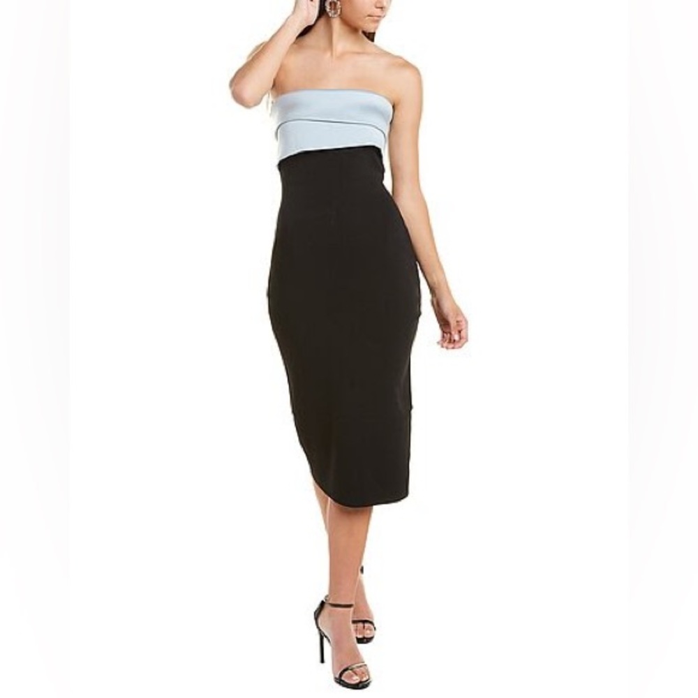 Strapless Black and Cream Midi Dress with Dramatic Back Drape
